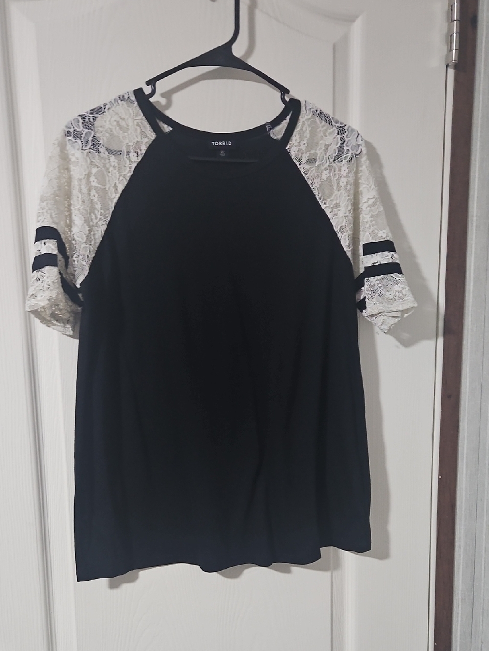 torrid Black Tee with White Lace Raglan Sleeves
